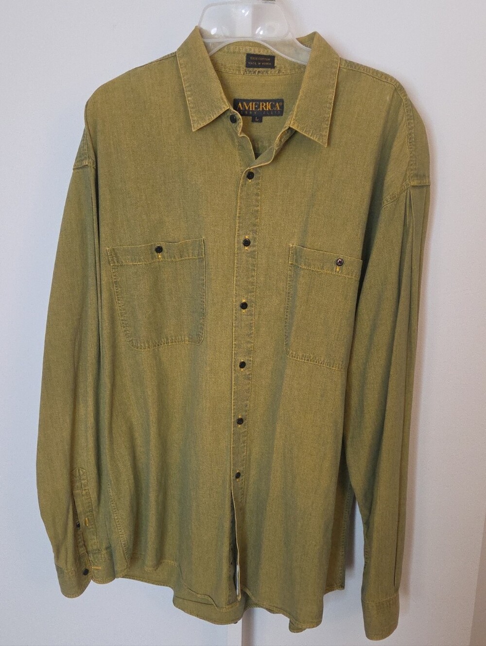 America Perry Ellis Large L Button Down Shirt Cotton Green Work Utility Vintage